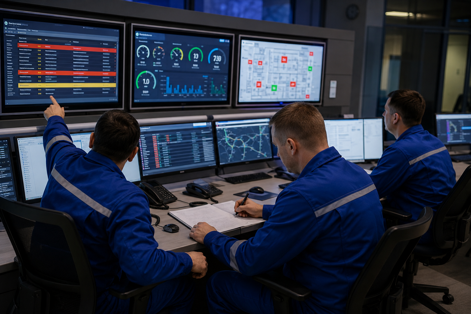 Операторы диспетчерского пункта анализируют дашборды KPI на множестве экранов